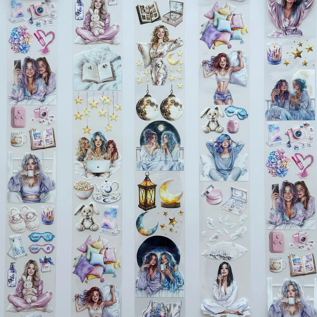 Pillow Fight Girls PET Oil Tape – Sleepover Aesthetic Scrapbook Roll – Cozy Night Vibes – SRP131