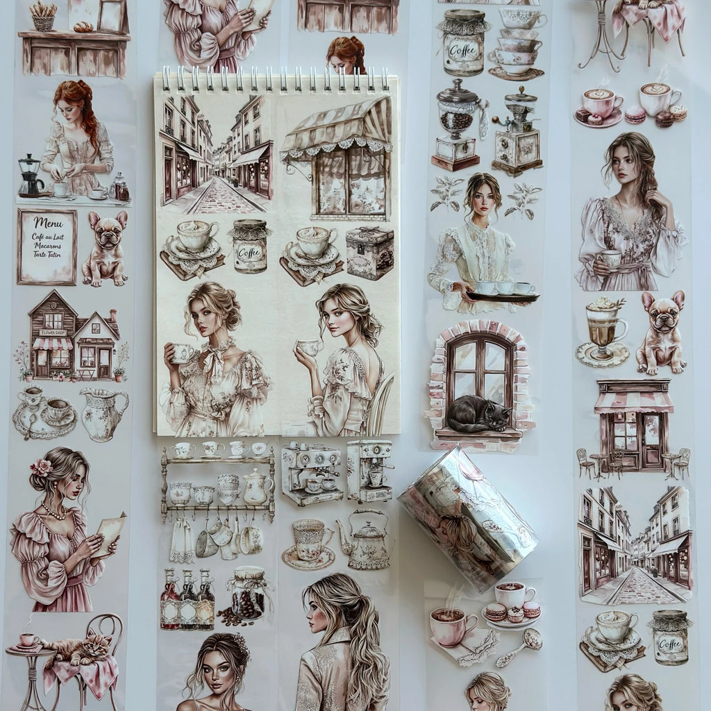 Coffee & Talk Oil PET Tape – Cozy Café Girl Scrapbook Sticker Roll – Vintage Coffee Aesthetic – SRP135