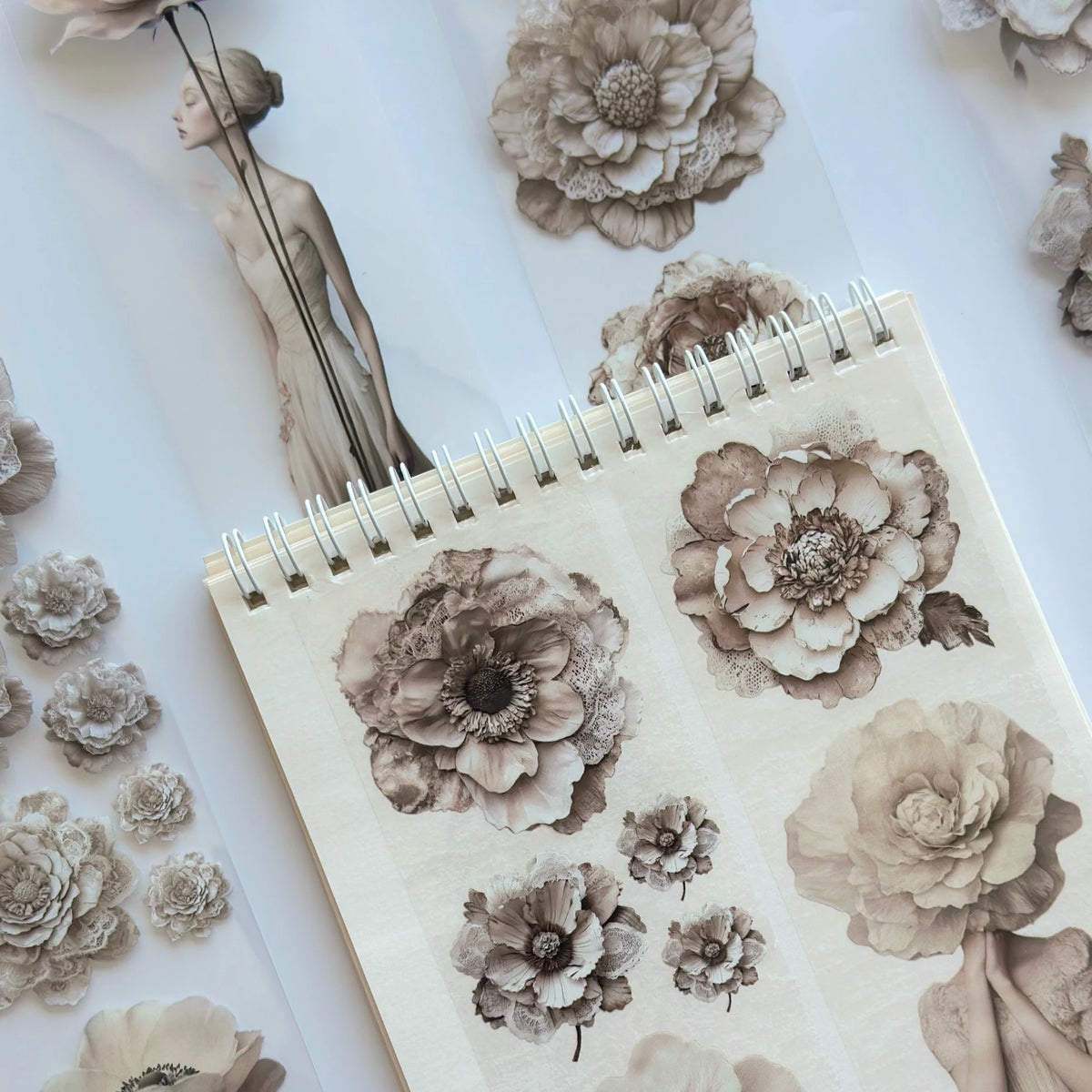 Tone of Silence Oil PET Tape – Neutral Floral Woman Sticker Roll – 6cm Minimal Aesthetic – SRP137
