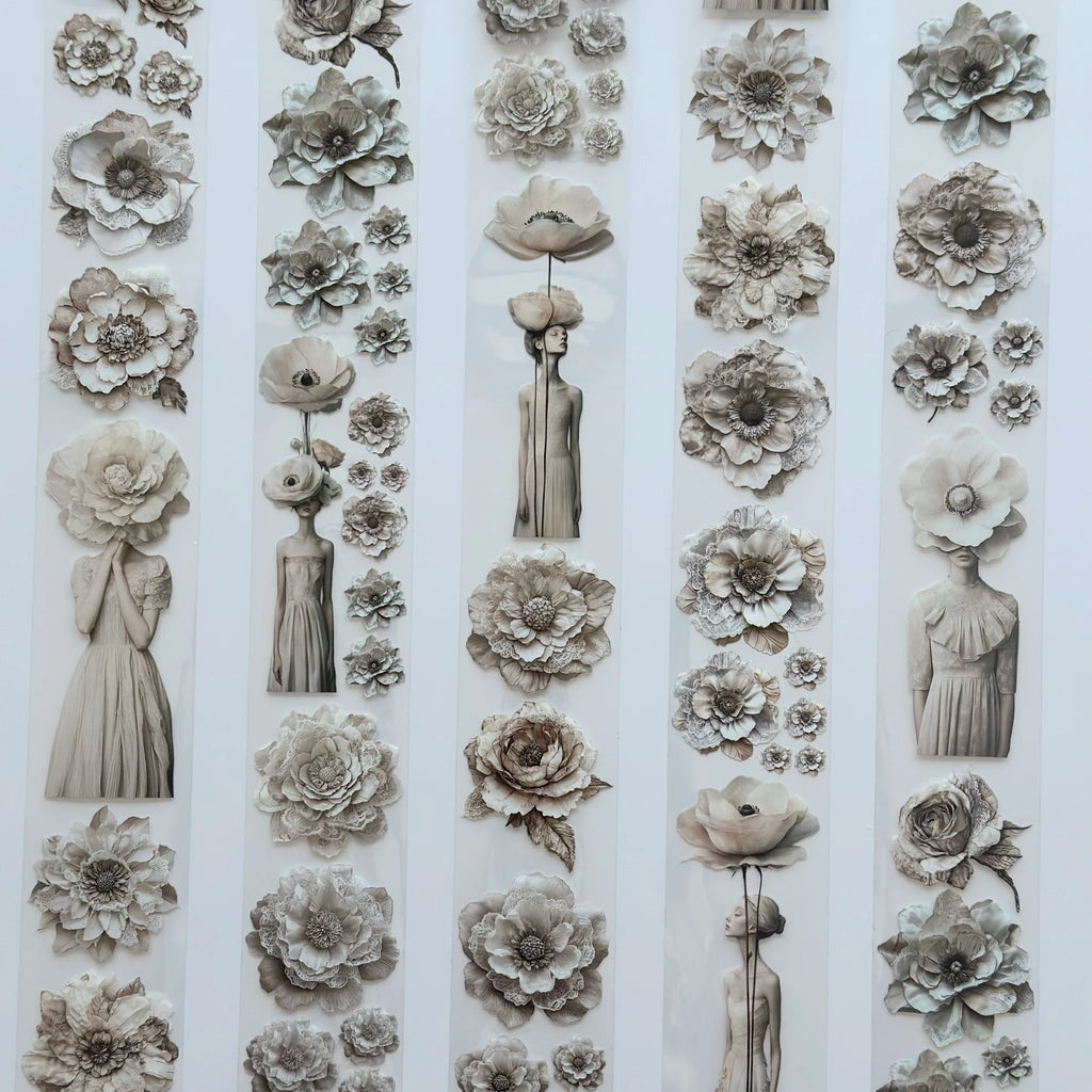 Tone of Silence Oil PET Tape – Neutral Floral Woman Sticker Roll – 6cm Minimal Aesthetic – SRP137