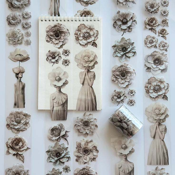 Tone of Silence Oil PET Tape – Neutral Floral Woman Sticker Roll – 6cm Minimal Aesthetic – SRP137
