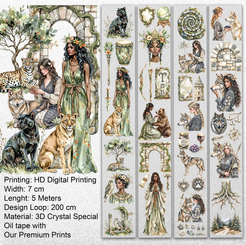 Magical Passage Oil PET Tape – Fantasy Woman & Wild Animal Scrapbook Roll – 7cm Mystic Forest – SRP136