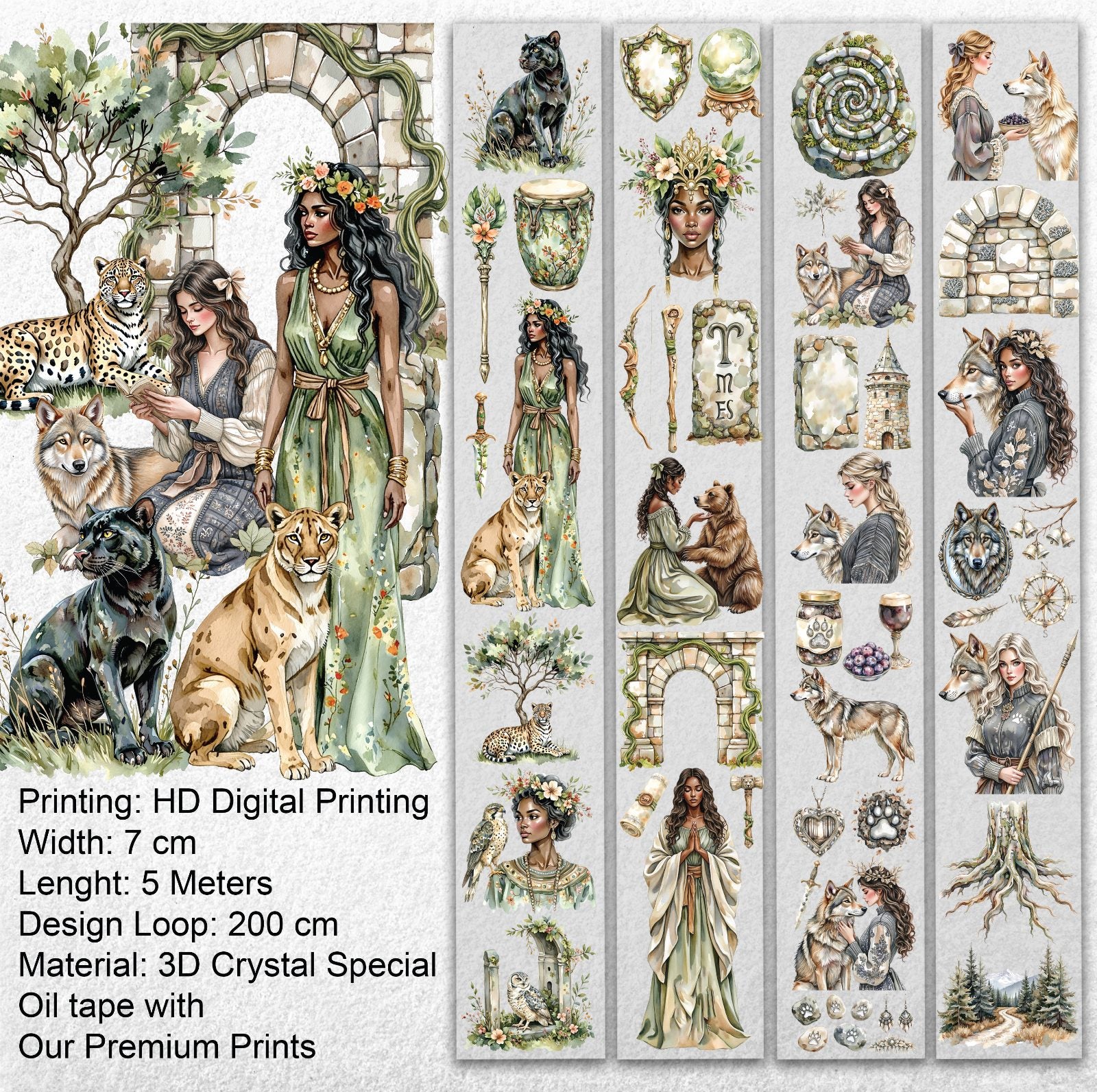 Magical Passage Oil PET Tape – Fantasy Woman & Wild Animal Scrapbook Roll – 7cm Mystic Forest – SRP136