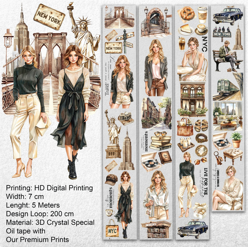 NYC Elegance Oil PET Tape – New York City Girl Sticker Roll – Urban Vintage 7cm Journal Deco – SRP139