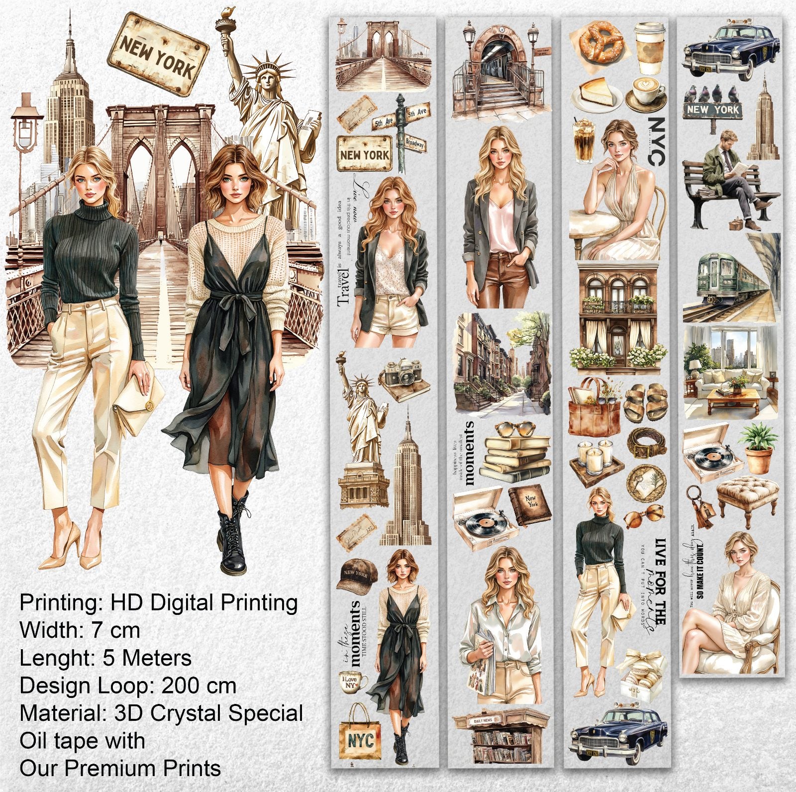 NYC Elegance Oil PET Tape – New York City Girl Sticker Roll – Urban Vintage 7cm Journal Deco – SRP139
