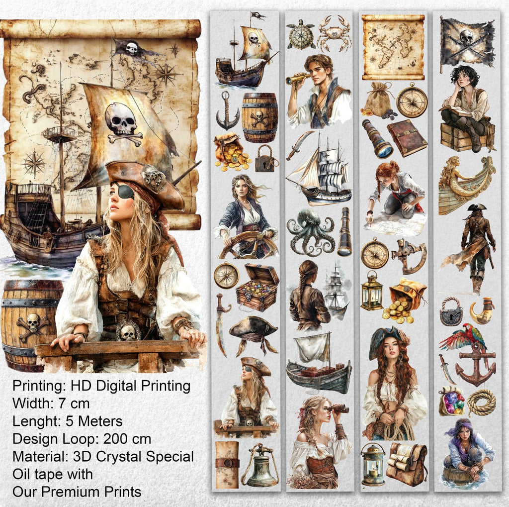 The Secret of the Treasure Pirate Oil Tape – 7cm Scrapbook PET Sticker Roll – Adventure Map & Characters – SRP129