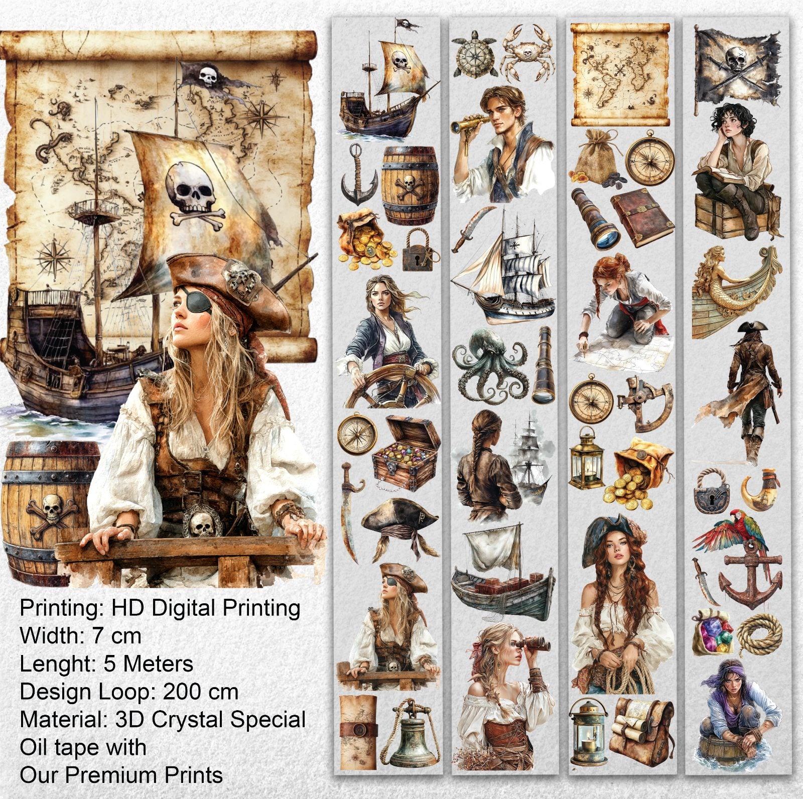 The Secret of the Treasure Pirate Oil Tape – 7cm Scrapbook PET Sticker Roll – Adventure Map & Characters – SRP129