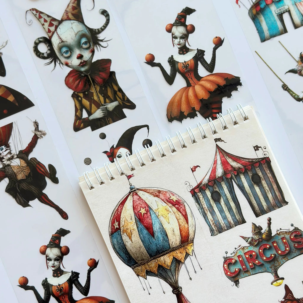 Abracadabra Circus Oil PET Tape – Vintage Clown & Carnival Sticker Roll – 7cm Whimsical Deco – SRP140