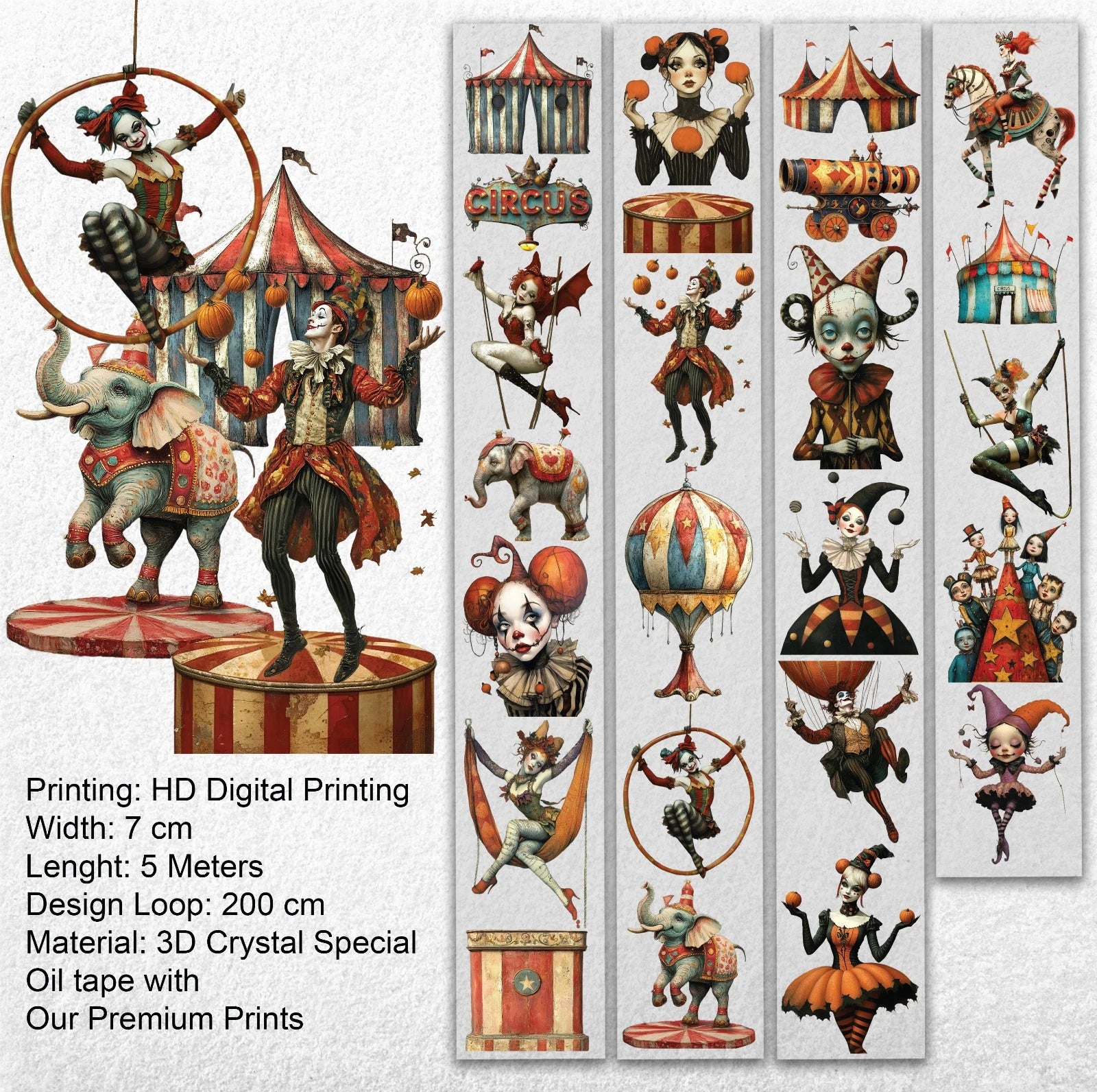 Abracadabra Circus Oil PET Tape – Vintage Clown & Carnival Sticker Roll – 7cm Whimsical Deco – SRP140