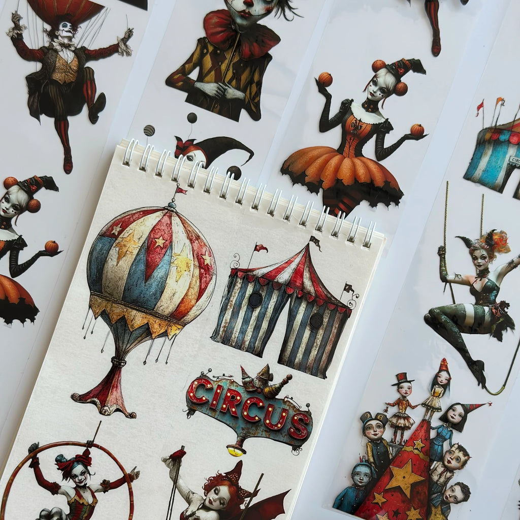 Abracadabra Circus Oil PET Tape – Vintage Clown & Carnival Sticker Roll – 7cm Whimsical Deco – SRP140