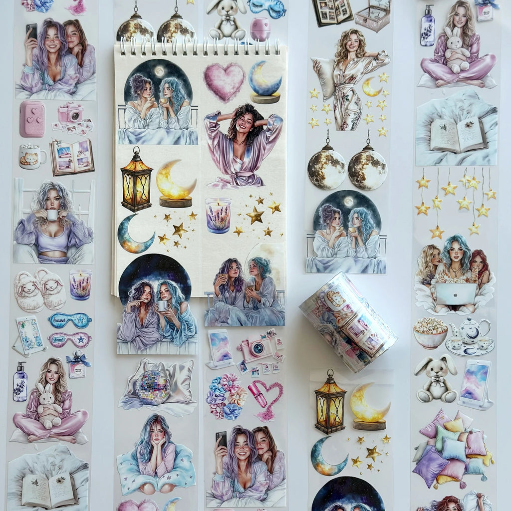 Pillow Fight Girls PET Oil Tape – Sleepover Aesthetic Scrapbook Roll – Cozy Night Vibes – SRP131