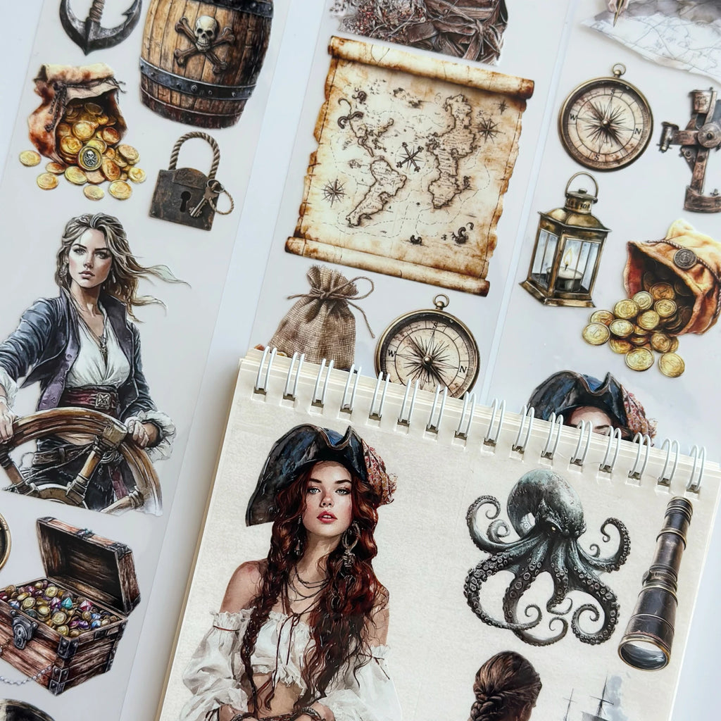 The Secret of the Treasure Pirate Oil Tape – 7cm Scrapbook PET Sticker Roll – Adventure Map & Characters – SRP129