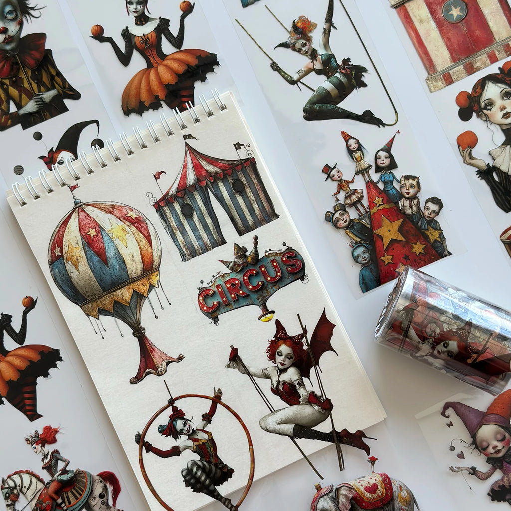 Abracadabra Circus Oil PET Tape – Vintage Clown & Carnival Sticker Roll – 7cm Whimsical Deco – SRP140