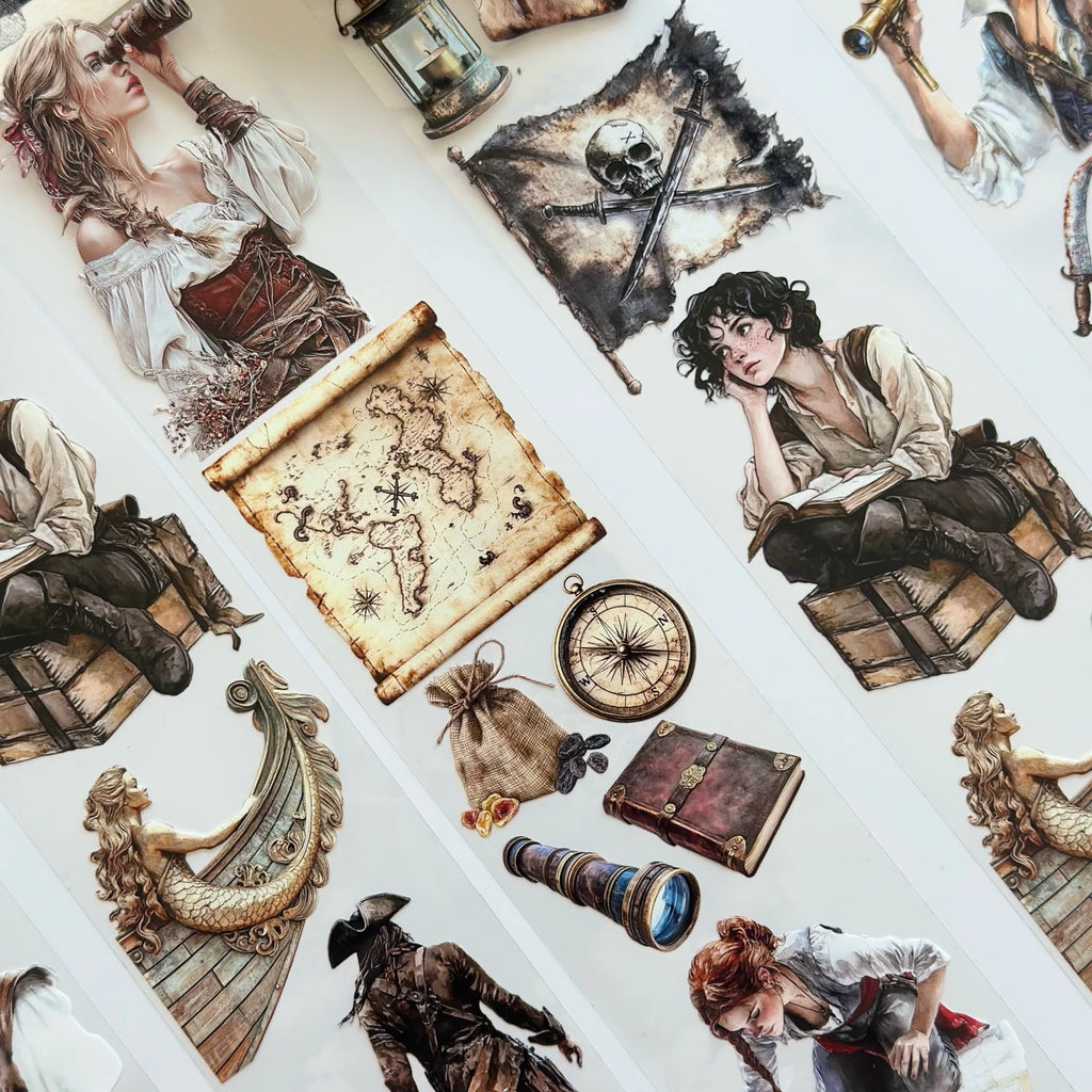 The Secret of the Treasure Pirate Oil Tape – 7cm Scrapbook PET Sticker Roll – Adventure Map & Characters – SRP129