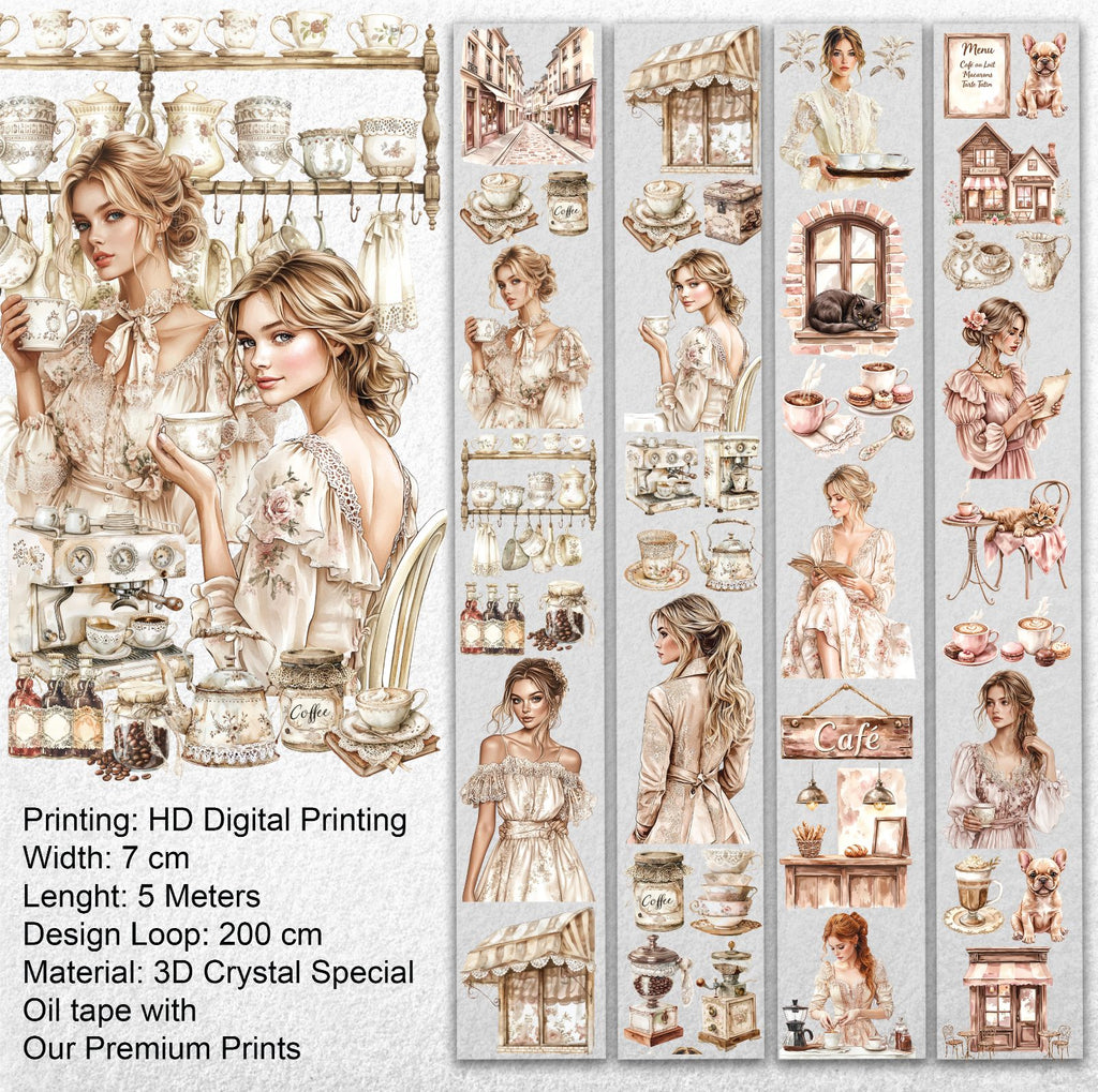 Coffee & Talk Oil PET Tape – Cozy Café Girl Scrapbook Sticker Roll – Vintage Coffee Aesthetic – SRP135