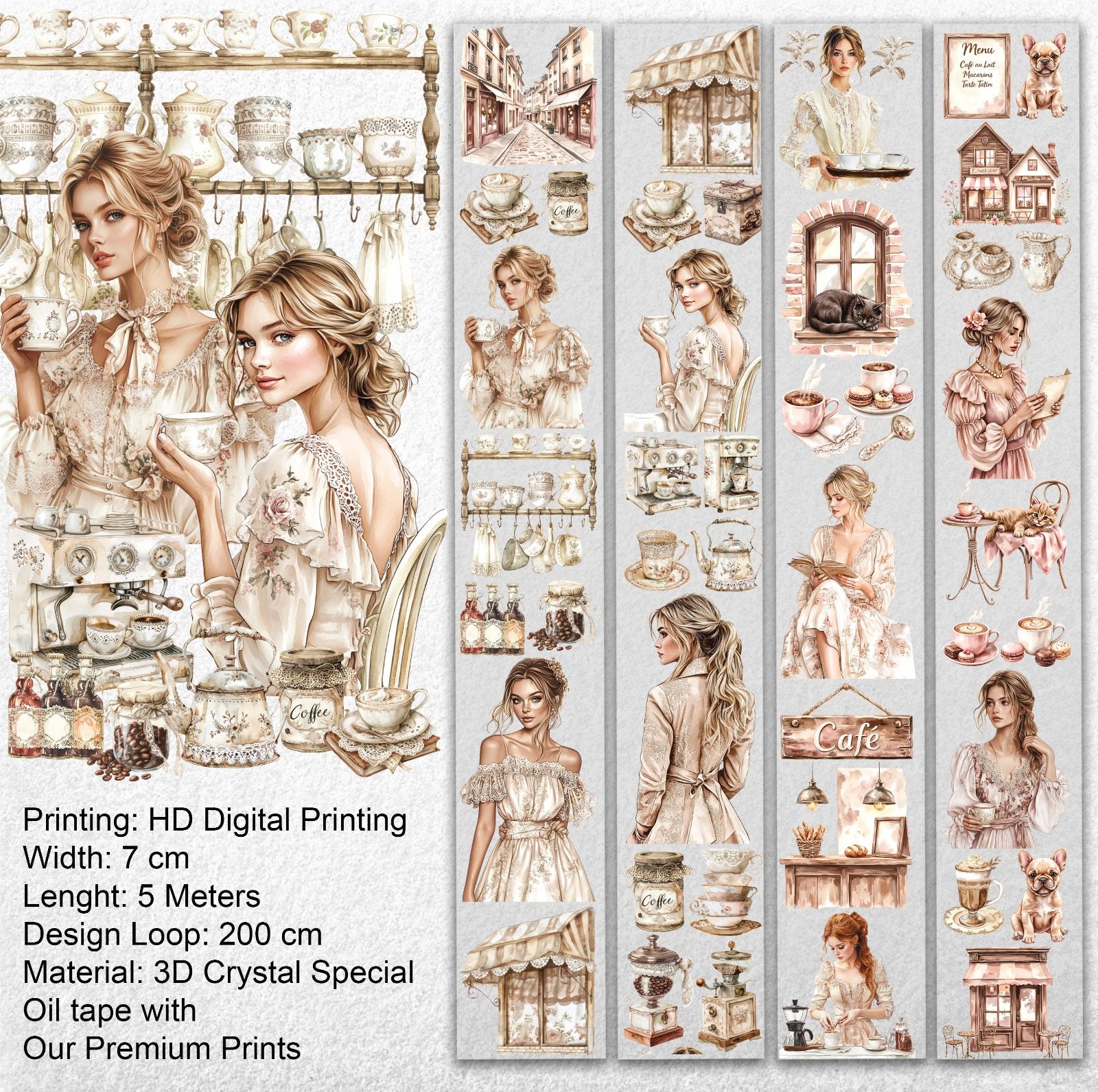 Coffee & Talk Oil PET Tape – Cozy Café Girl Scrapbook Sticker Roll – Vintage Coffee Aesthetic – SRP135