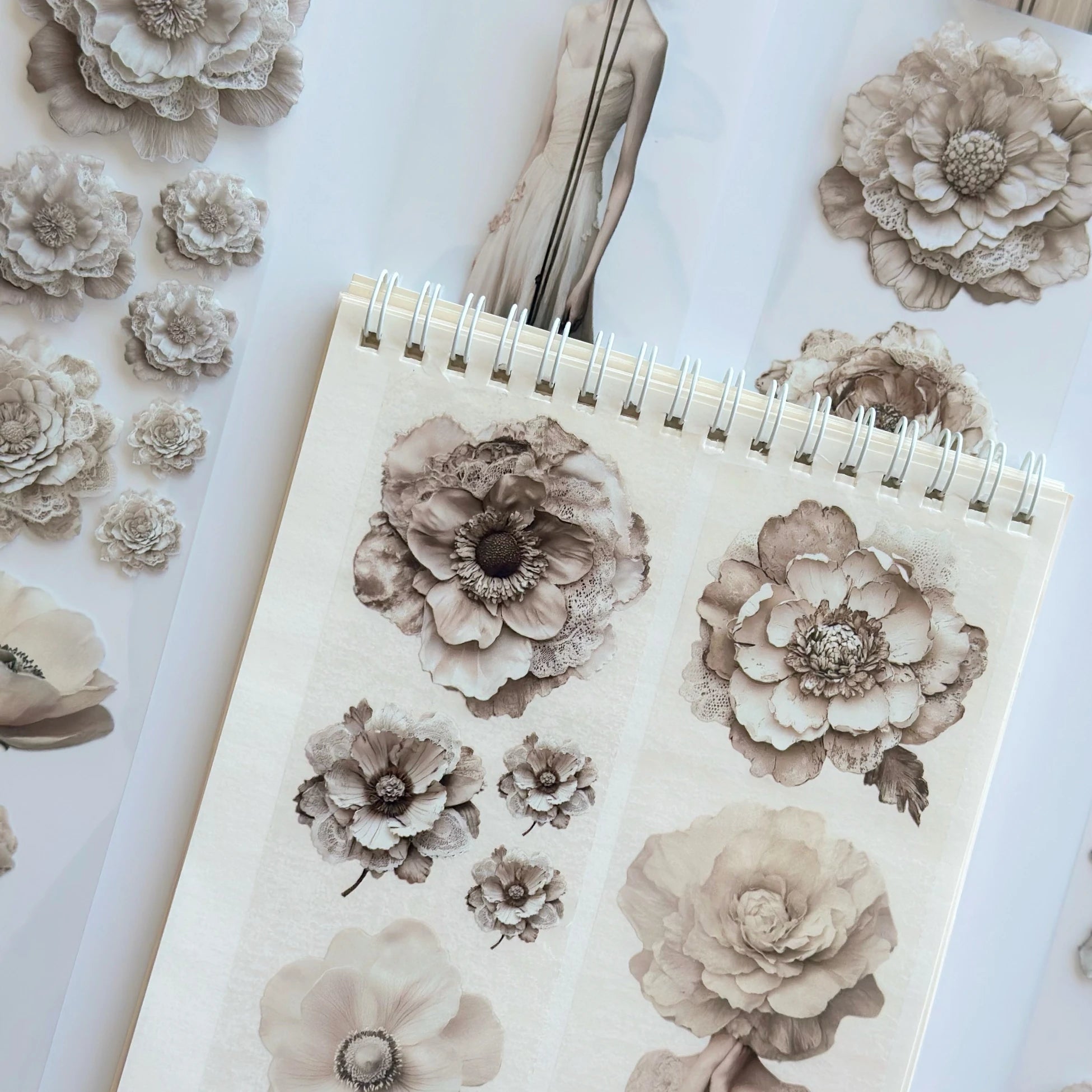 Tone of Silence Oil PET Tape – Neutral Floral Woman Sticker Roll – 6cm Minimal Aesthetic – SRP137