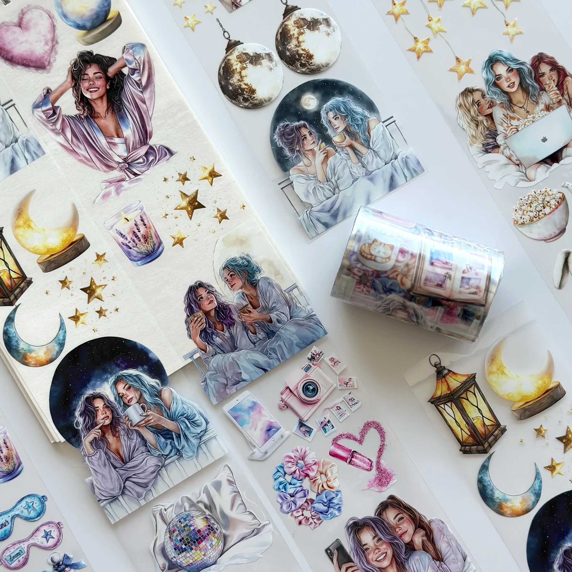 Pillow Fight Girls PET Oil Tape – Sleepover Aesthetic Scrapbook Roll – Cozy Night Vibes – SRP131