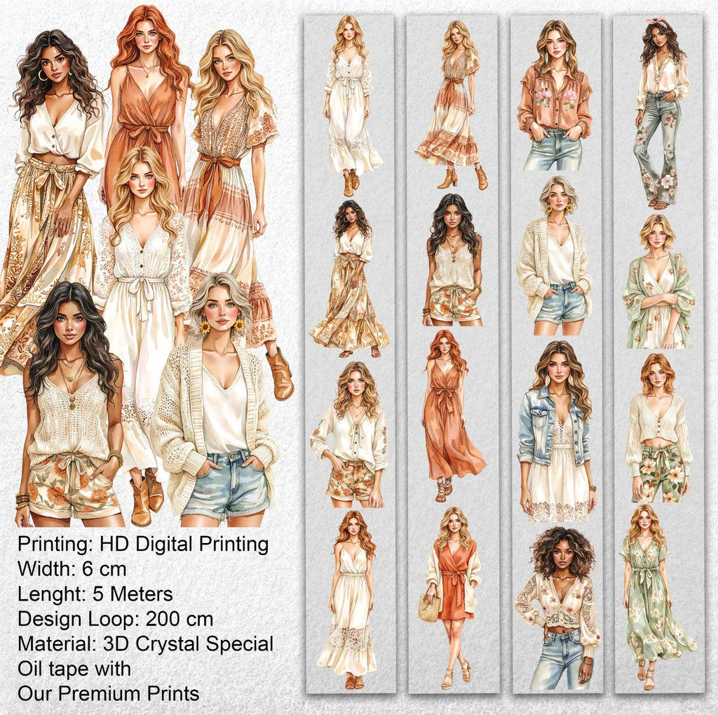 Summer Wind Fashion Girls Oil Tape – Scrapbook PET Sticker Roll – Boho Style – SRP128