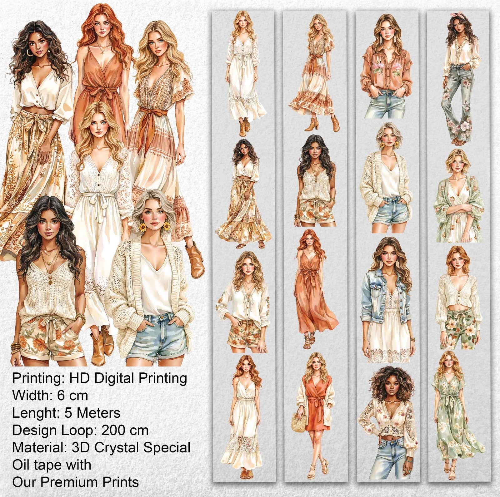 Summer Wind Fashion Girls Oil Tape – Scrapbook PET Sticker Roll – Boho Style – SRP128