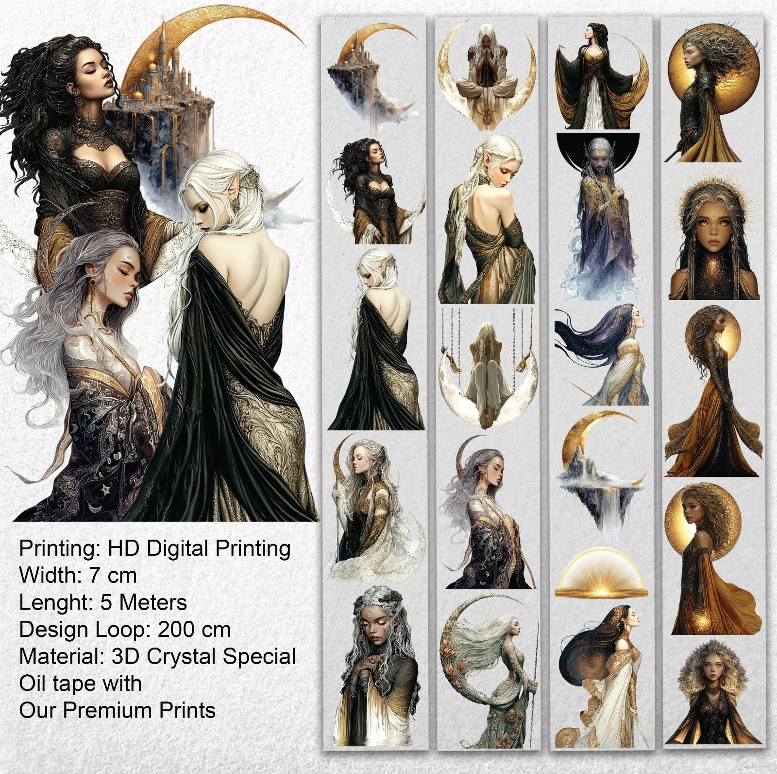 Moonlight Goddess Pet Tape – Mystic Fantasy Women, Golden Moon Aesthetic, Elegant Dark Art, Tax Included – SRP161