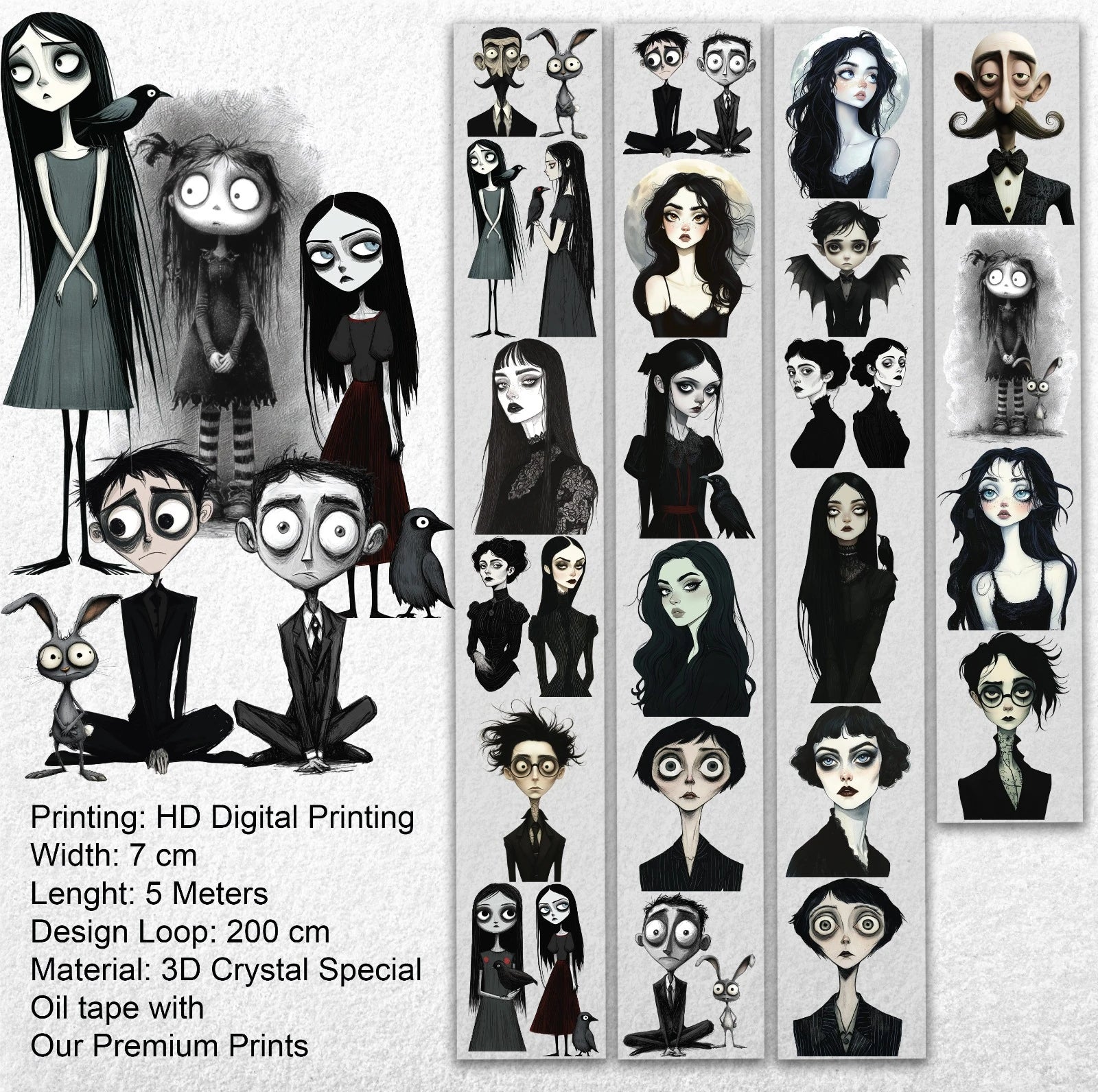 Gothic Family Pet Tape – Dark Aesthetic Characters, Tim Burton Style Art, Creepy Cute Halloween Tape, Tax Included – SRP163