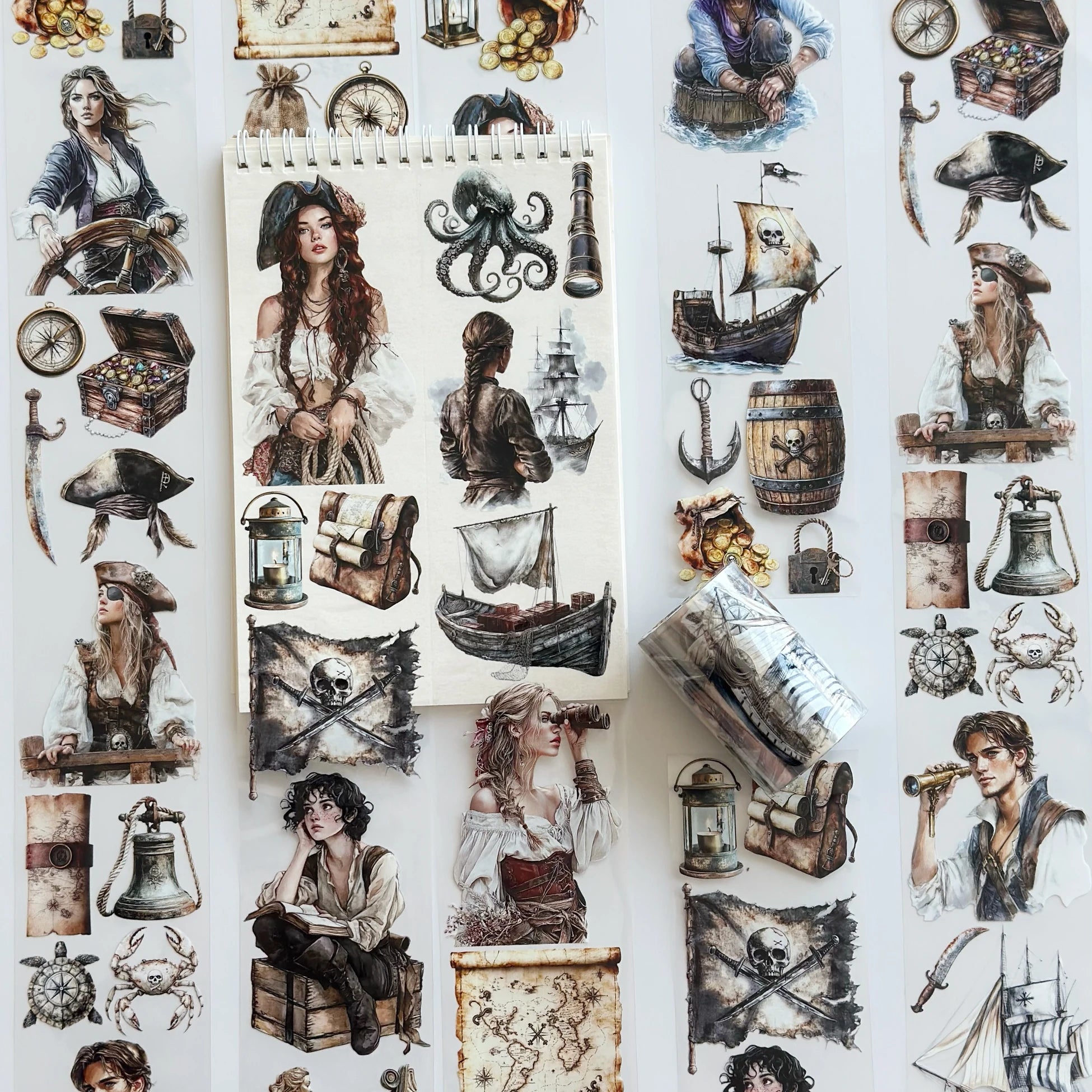 The Secret of the Treasure Pirate Oil Tape – 7cm Scrapbook PET Sticker Roll – Adventure Map & Characters – SRP129