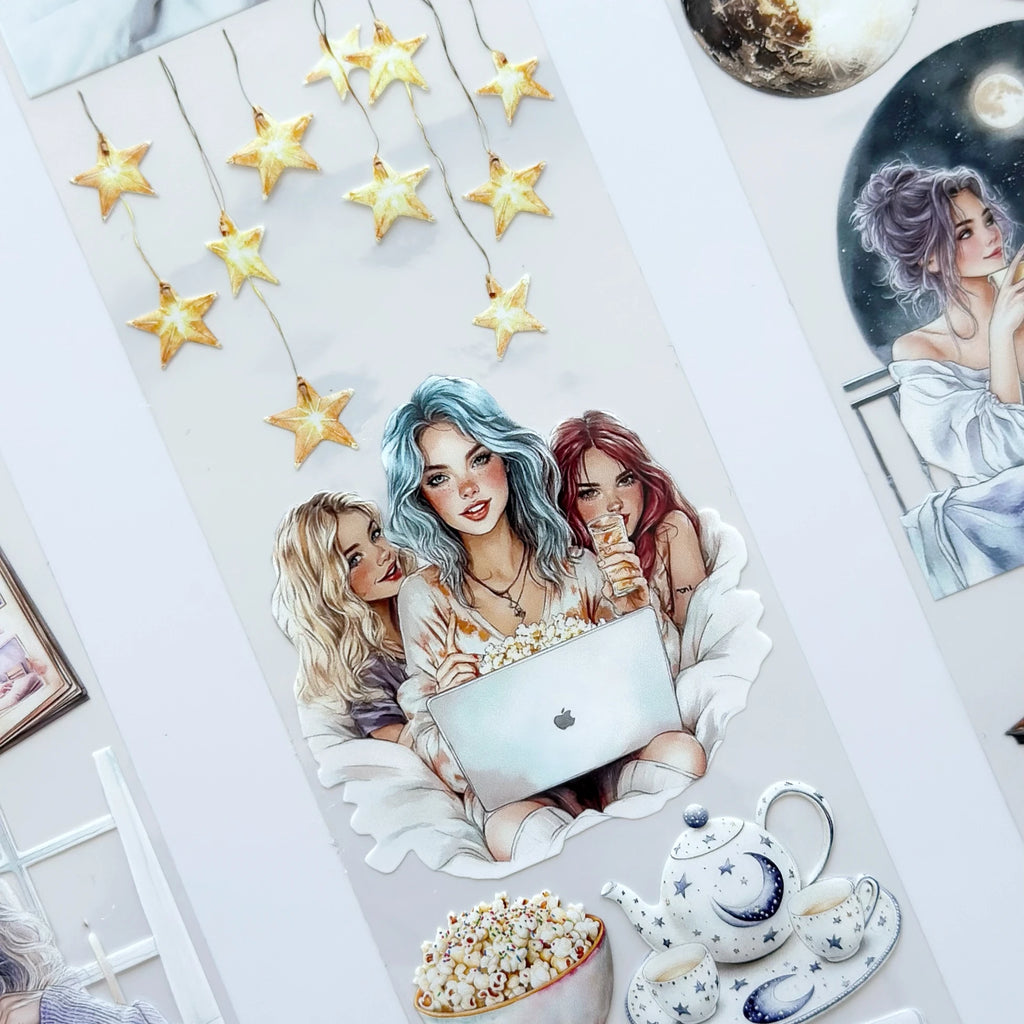 Pillow Fight Girls PET Oil Tape – Sleepover Aesthetic Scrapbook Roll – Cozy Night Vibes – SRP131