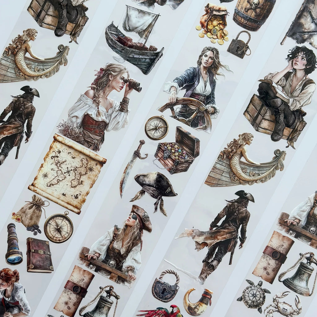 The Secret of the Treasure Pirate Oil Tape – 7cm Scrapbook PET Sticker Roll – Adventure Map & Characters – SRP129