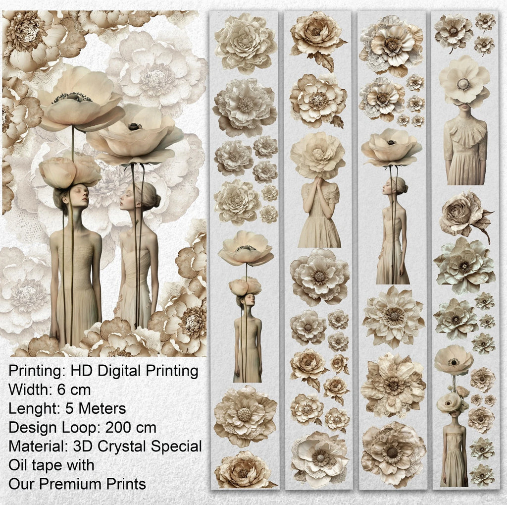 Tone of Silence Oil PET Tape – Neutral Floral Woman Sticker Roll – 6cm Minimal Aesthetic – SRP137