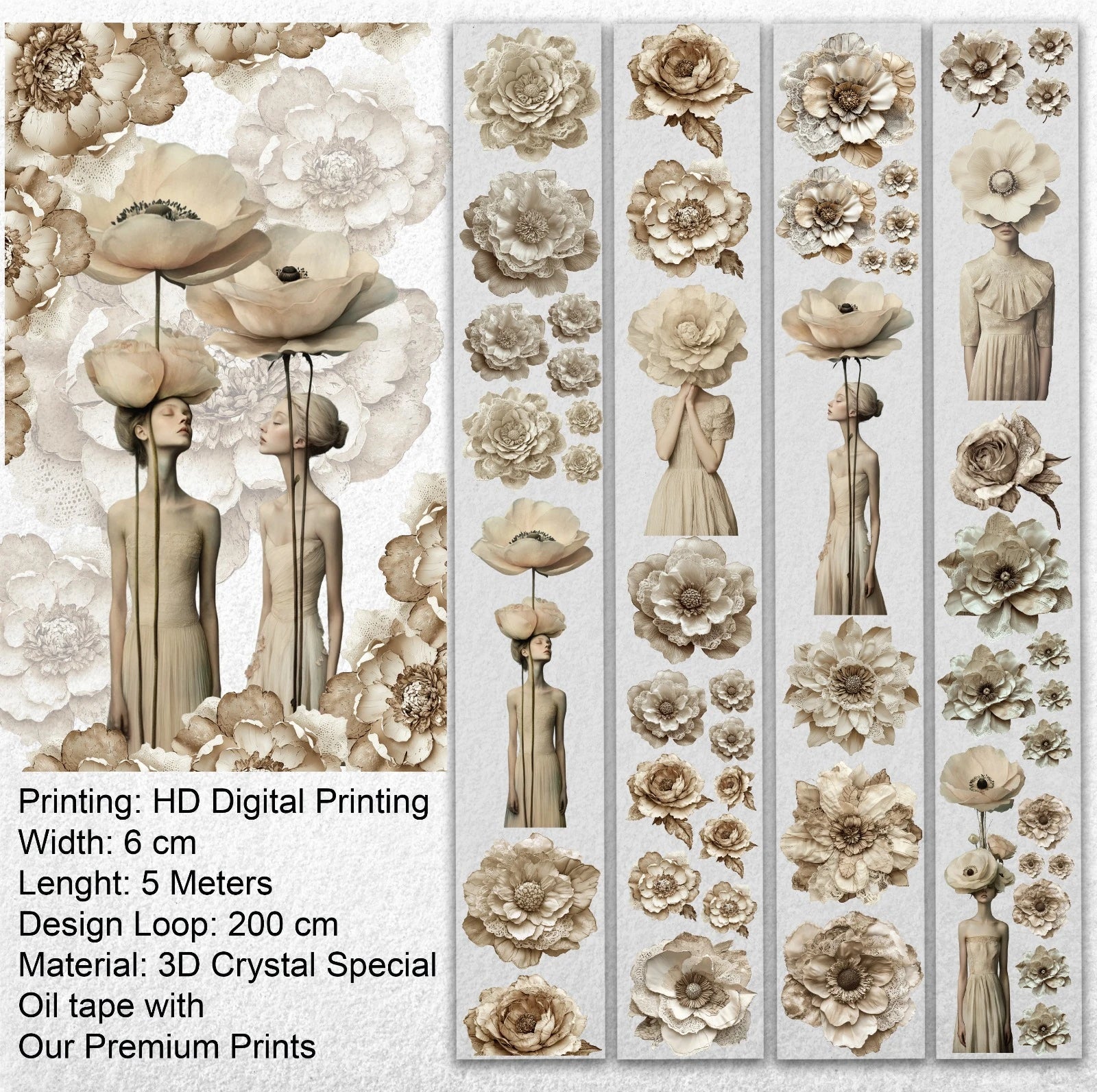 Tone of Silence Oil PET Tape – Neutral Floral Woman Sticker Roll – 6cm Minimal Aesthetic – SRP137