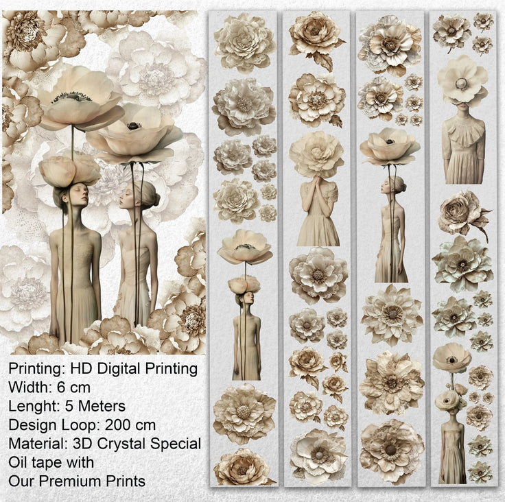 Tone of Silence Oil PET Tape – Neutral Floral Woman Sticker Roll – 6cm Minimal Aesthetic – SRP137