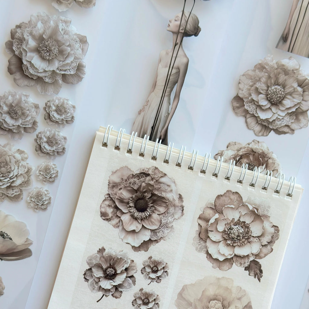 Tone of Silence Oil PET Tape – Neutral Floral Woman Sticker Roll – 6cm Minimal Aesthetic – SRP137